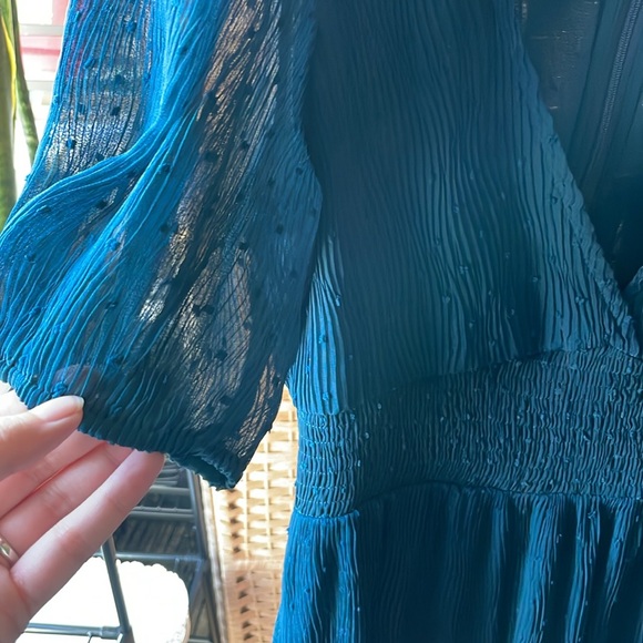 Lulus Tier to Please Dark Teal Puff Sleeve Swiss Dot Midi Dress M - Picture 8 of 8